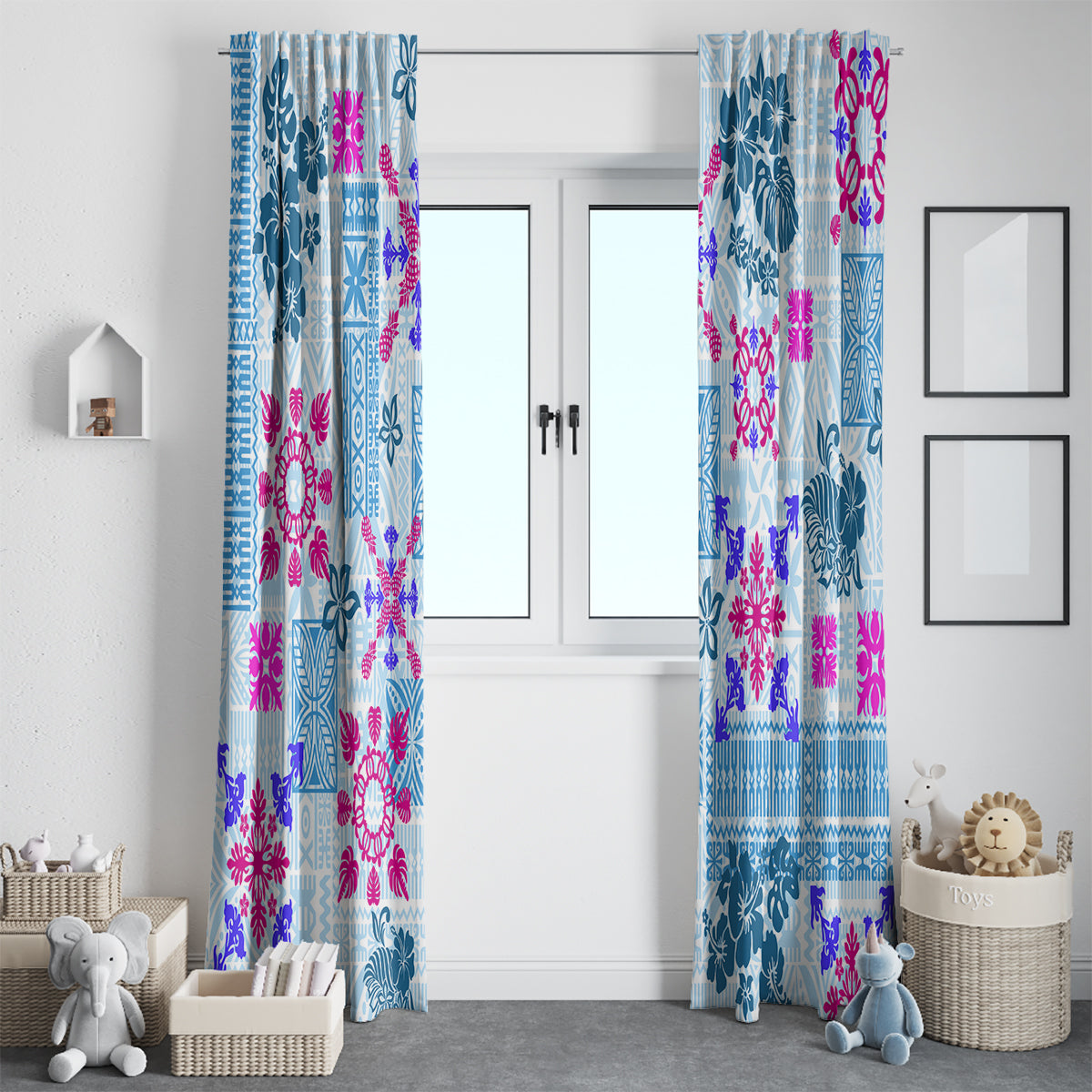 Hawaii Tapa Tribal Window Curtain With Hawaiian Quilt Pattern Blue - Wonder Print Shop