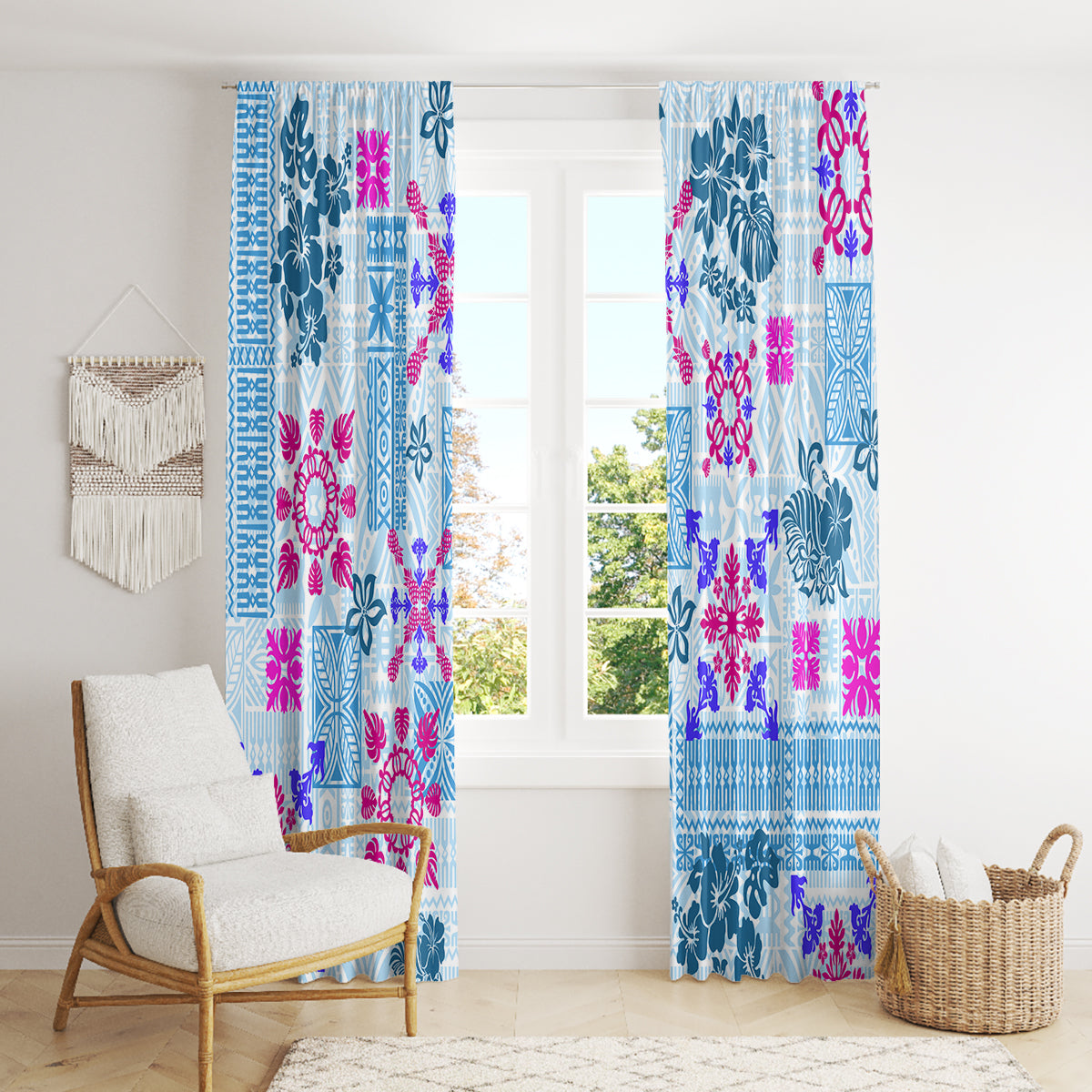 Hawaii Tapa Tribal Window Curtain With Hawaiian Quilt Pattern Blue - Wonder Print Shop