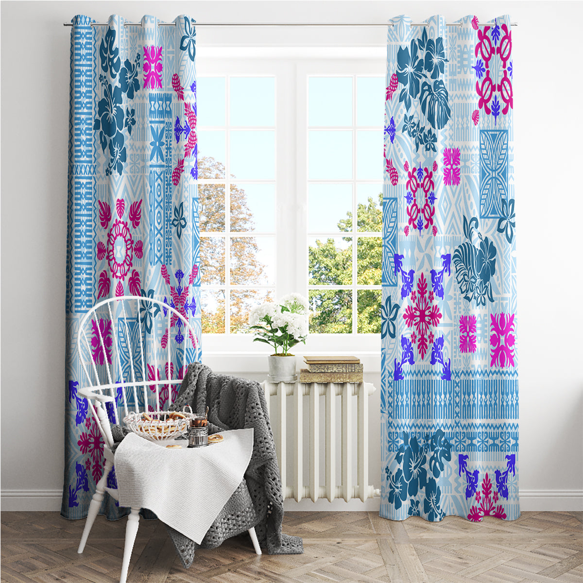Hawaii Tapa Tribal Window Curtain With Hawaiian Quilt Pattern Blue - Wonder Print Shop