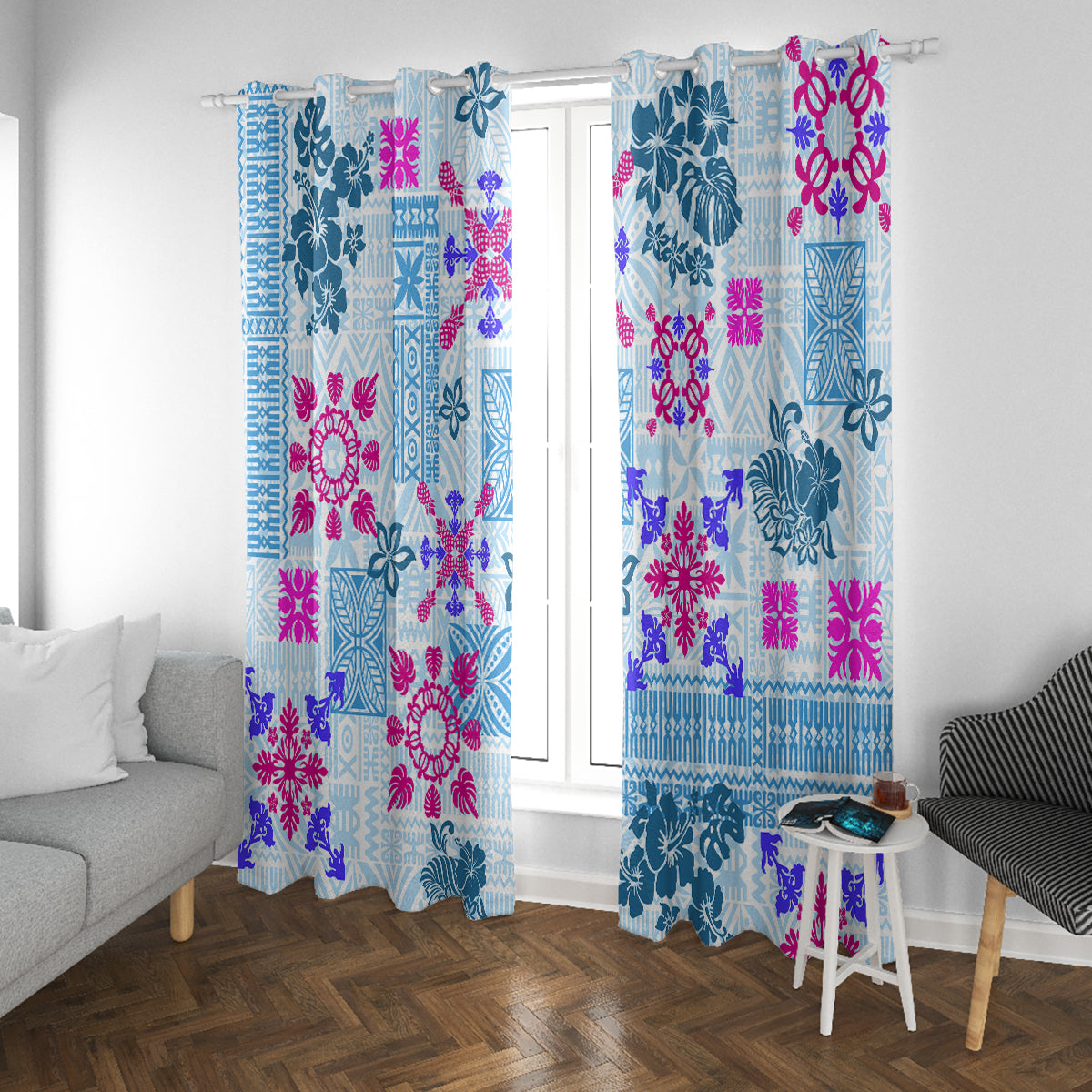 Hawaii Tapa Tribal Window Curtain With Hawaiian Quilt Pattern Blue - Wonder Print Shop