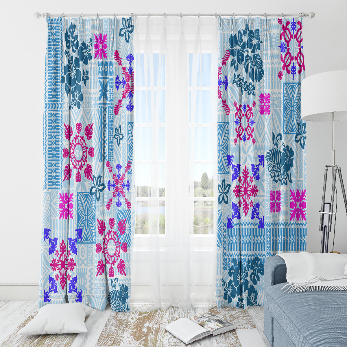 Hawaii Tapa Tribal Window Curtain With Hawaiian Quilt Pattern Blue - Wonder Print Shop