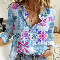 Hawaii Tapa Tribal Women Casual Shirt With Hawaiian Quilt Pattern Blue - Wonder Print Shop