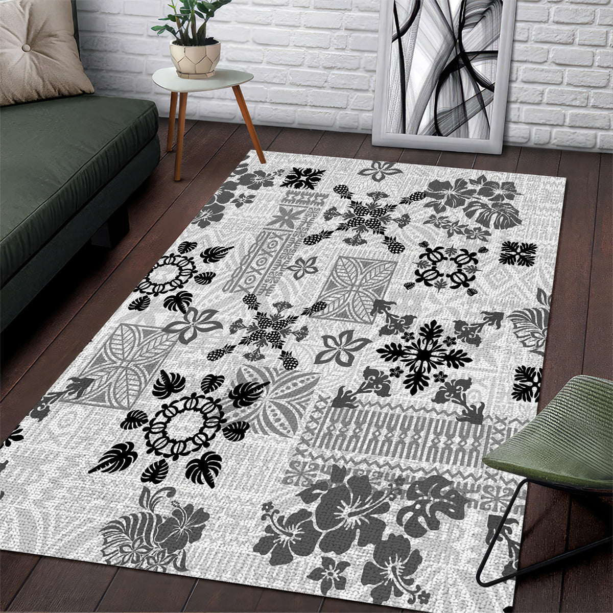 Hawaii Tapa Tribal Area Rug With Hawaiian Quilt Pattern Black LT9 - Wonder Print Shop