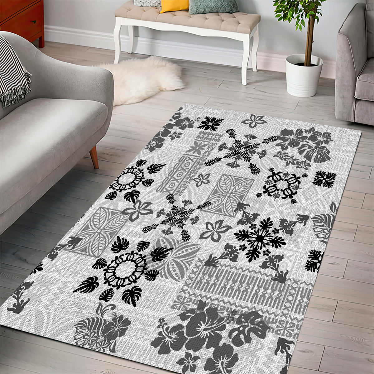 Hawaii Tapa Tribal Area Rug With Hawaiian Quilt Pattern Black LT9 - Wonder Print Shop