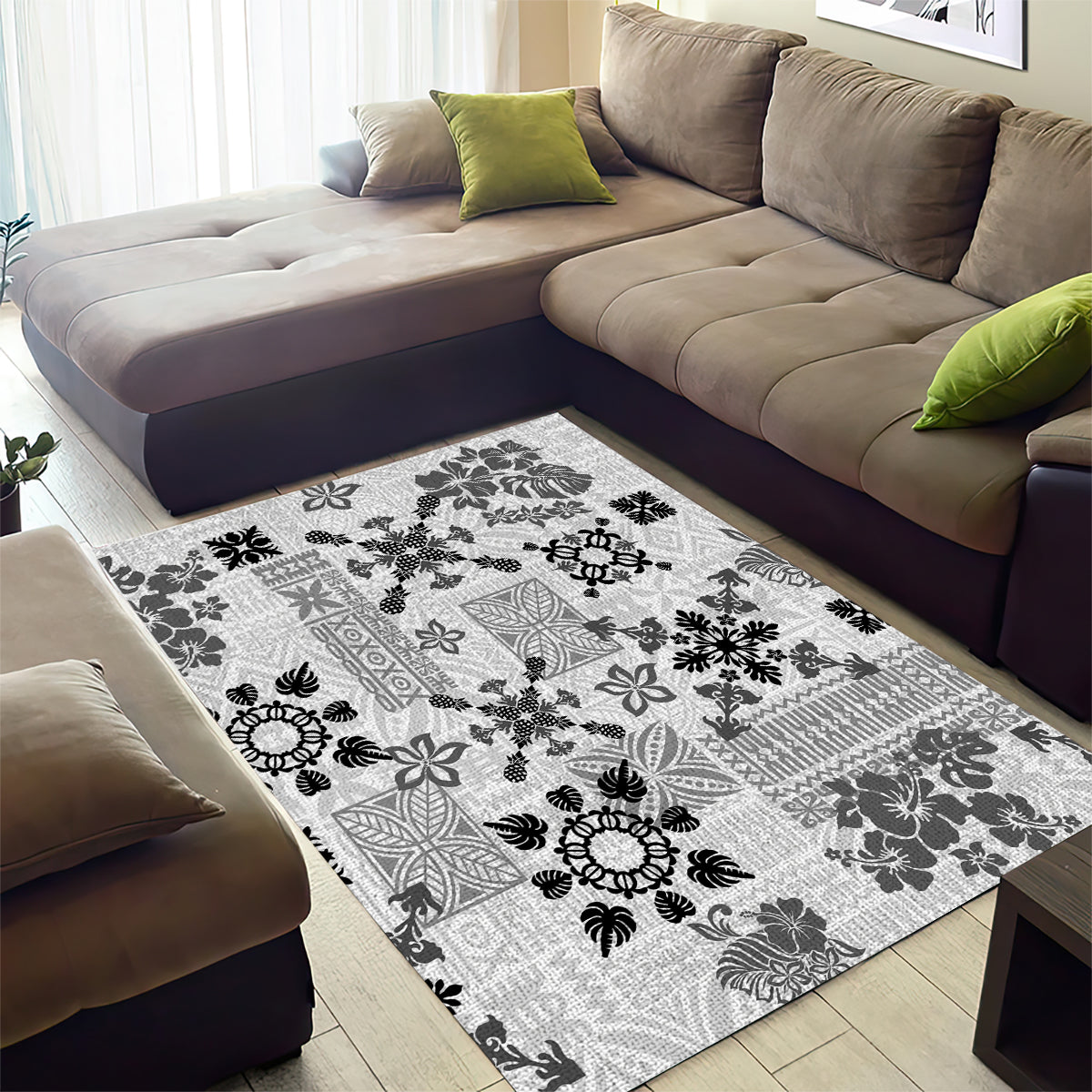 Hawaii Tapa Tribal Area Rug With Hawaiian Quilt Pattern Black LT9 - Wonder Print Shop