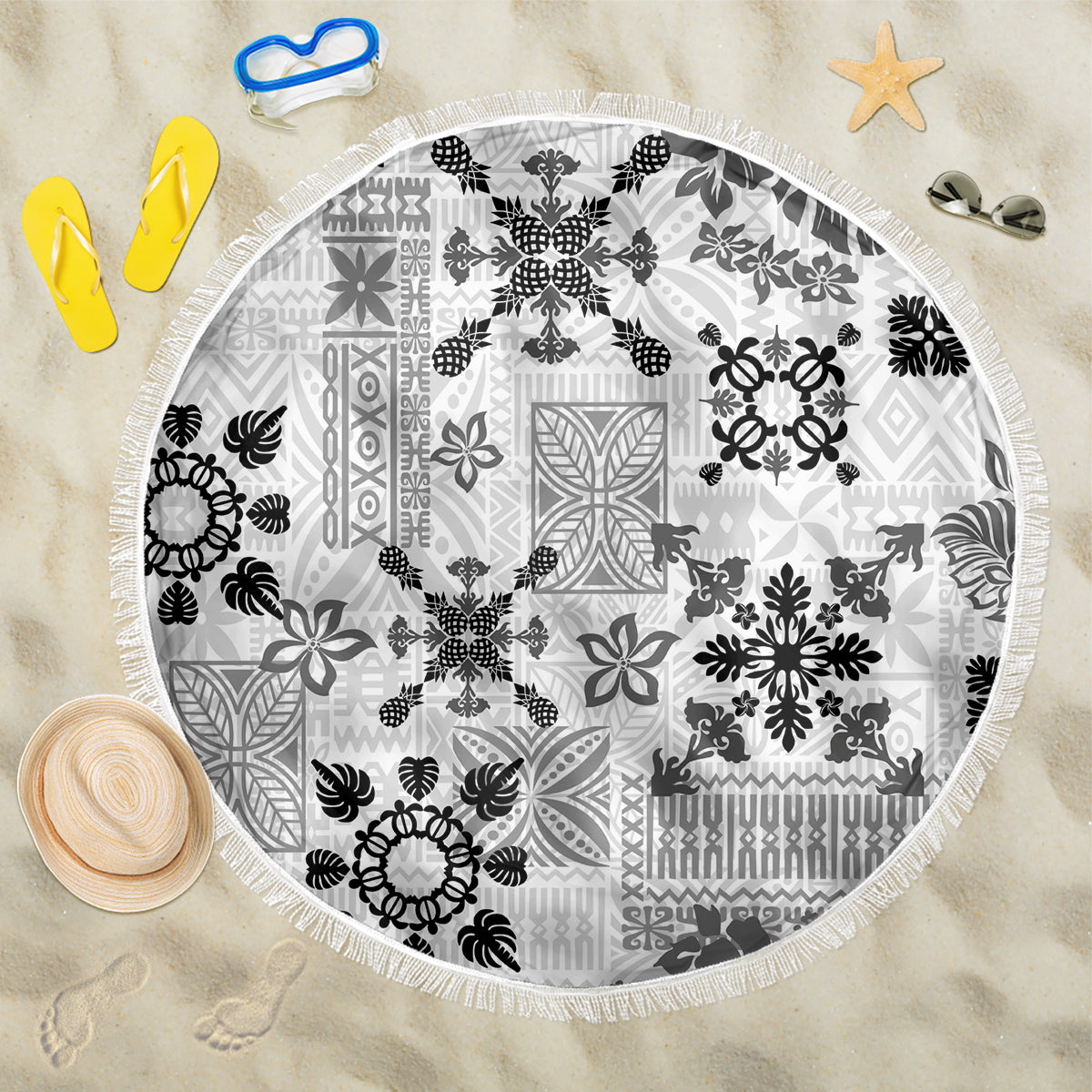 Hawaii Tapa Tribal Beach Blanket With Hawaiian Quilt Pattern Black LT9 - Wonder Print Shop