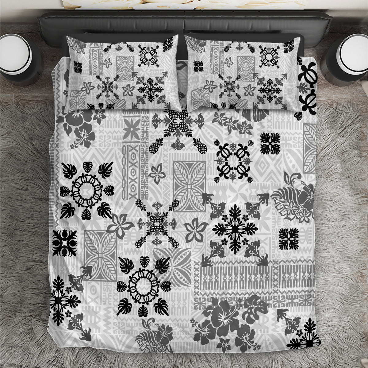 Hawaii Tapa Tribal Bedding Set With Hawaiian Quilt Pattern Black LT9 - Wonder Print Shop