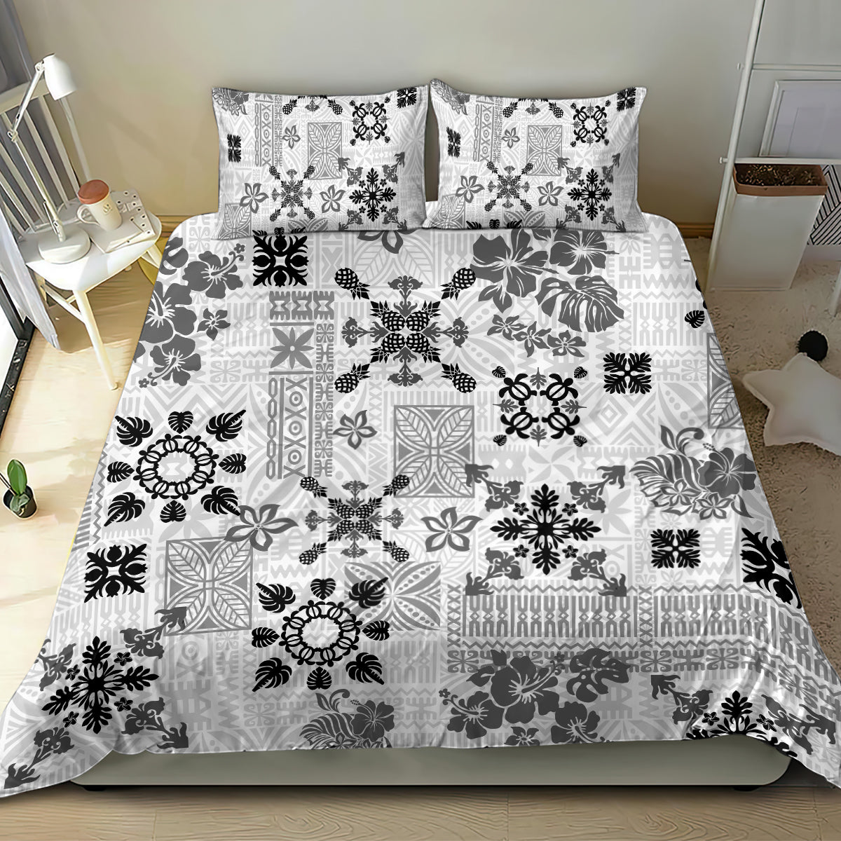 Hawaii Tapa Tribal Bedding Set With Hawaiian Quilt Pattern Black LT9 - Wonder Print Shop