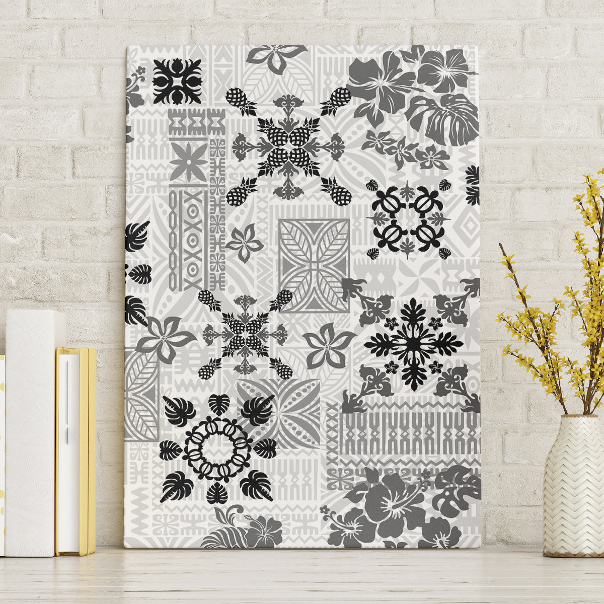 Hawaii Tapa Tribal Canvas Wall Art With Hawaiian Quilt Pattern Black LT9 - Wonder Print Shop