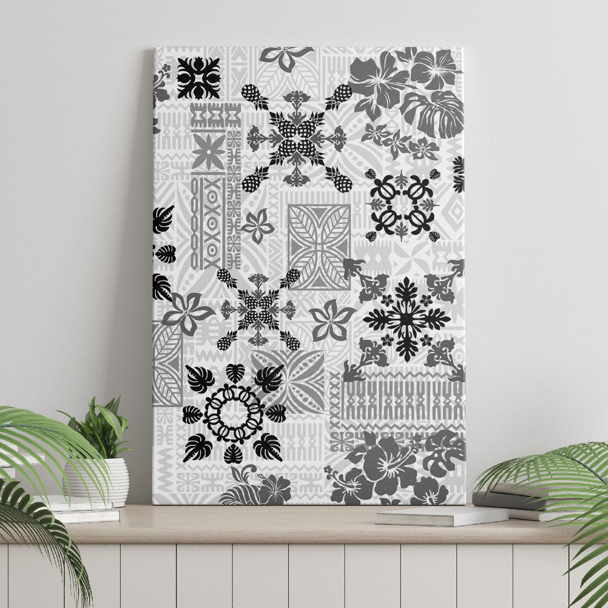 Hawaii Tapa Tribal Canvas Wall Art With Hawaiian Quilt Pattern Black LT9 - Wonder Print Shop
