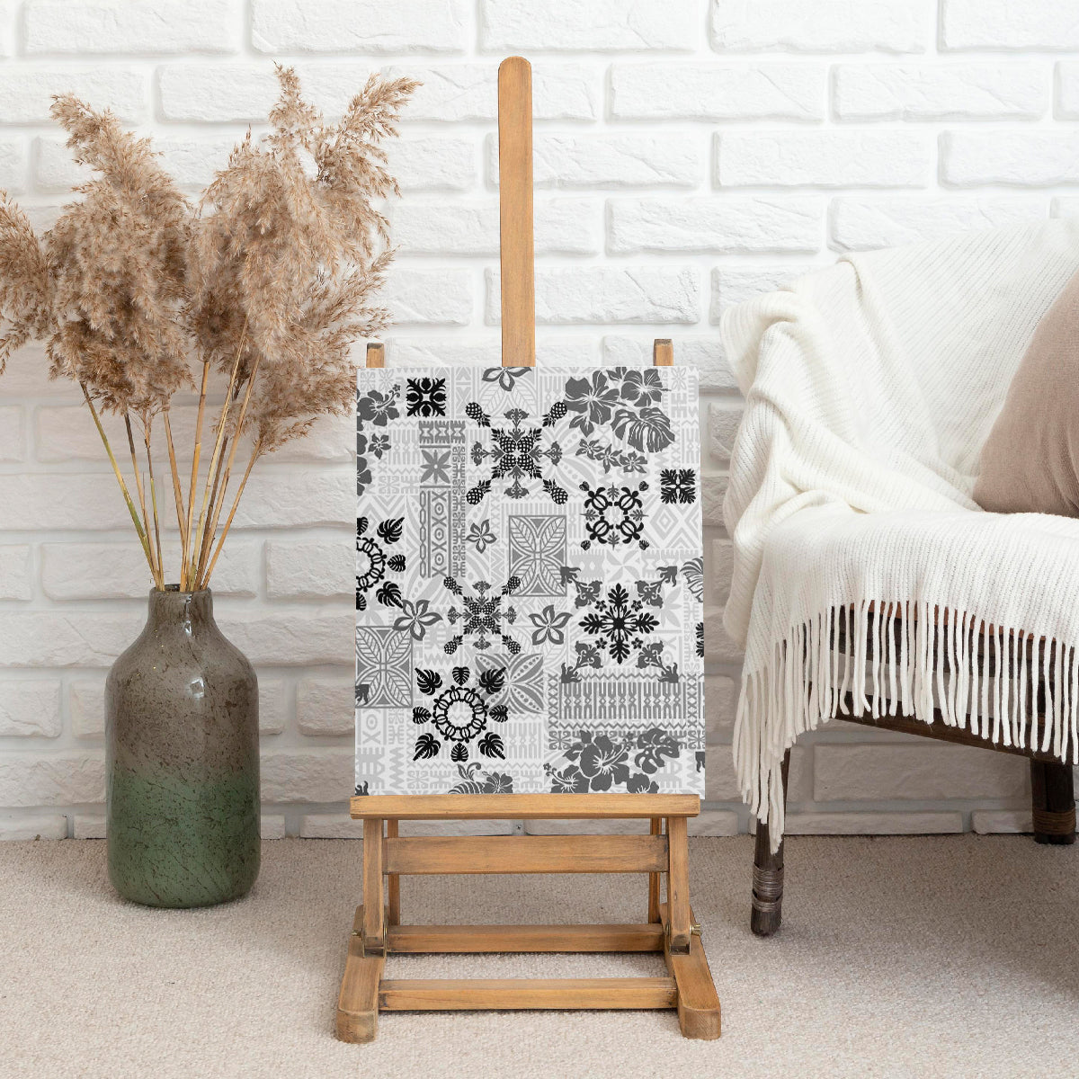 Hawaii Tapa Tribal Canvas Wall Art With Hawaiian Quilt Pattern Black LT9 - Wonder Print Shop