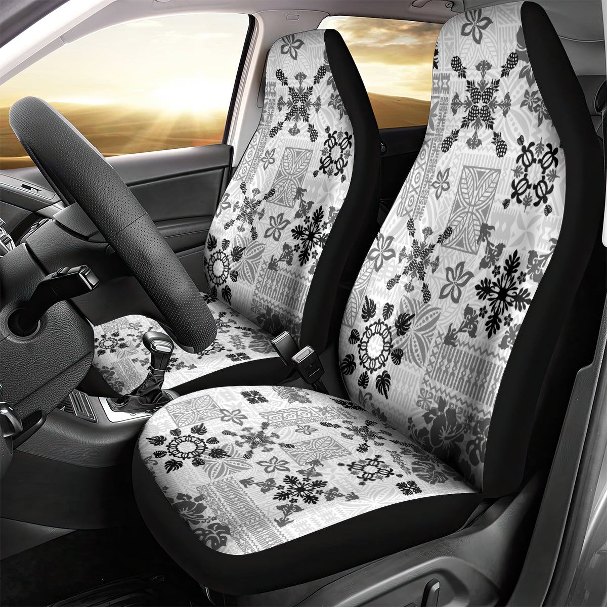 Hawaii Tapa Tribal Car Seat Cover With Hawaiian Quilt Pattern Black LT9 - Wonder Print Shop