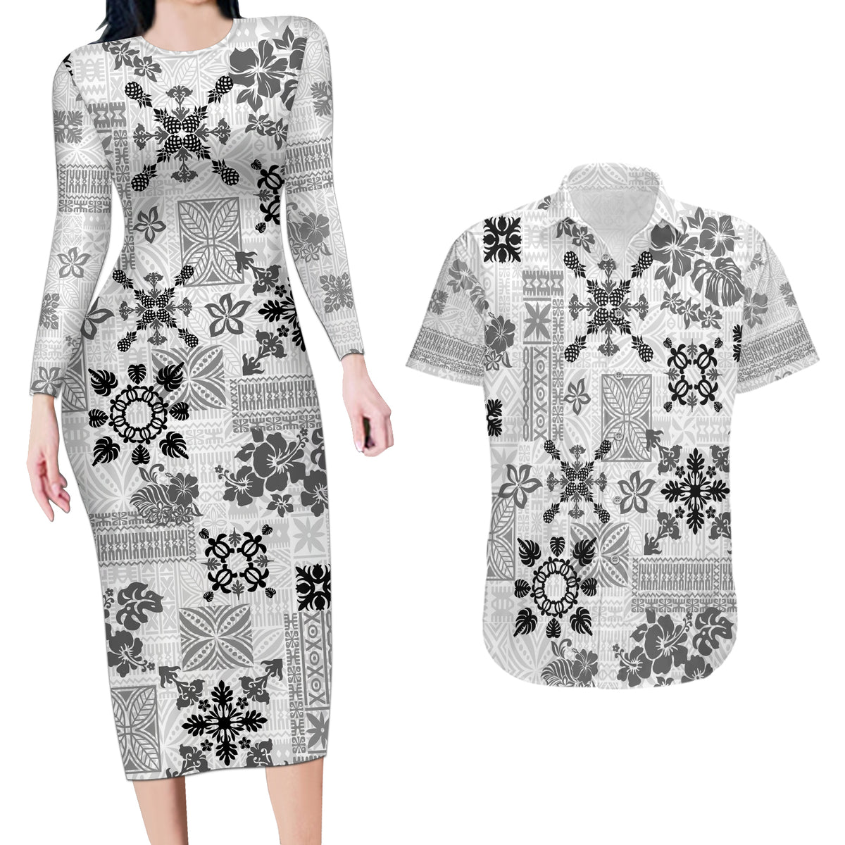 Hawaii Tapa Tribal Couples Matching Long Sleeve Bodycon Dress and Hawaiian Shirt With Hawaiian Quilt Pattern Black LT9 - Wonder Print Shop