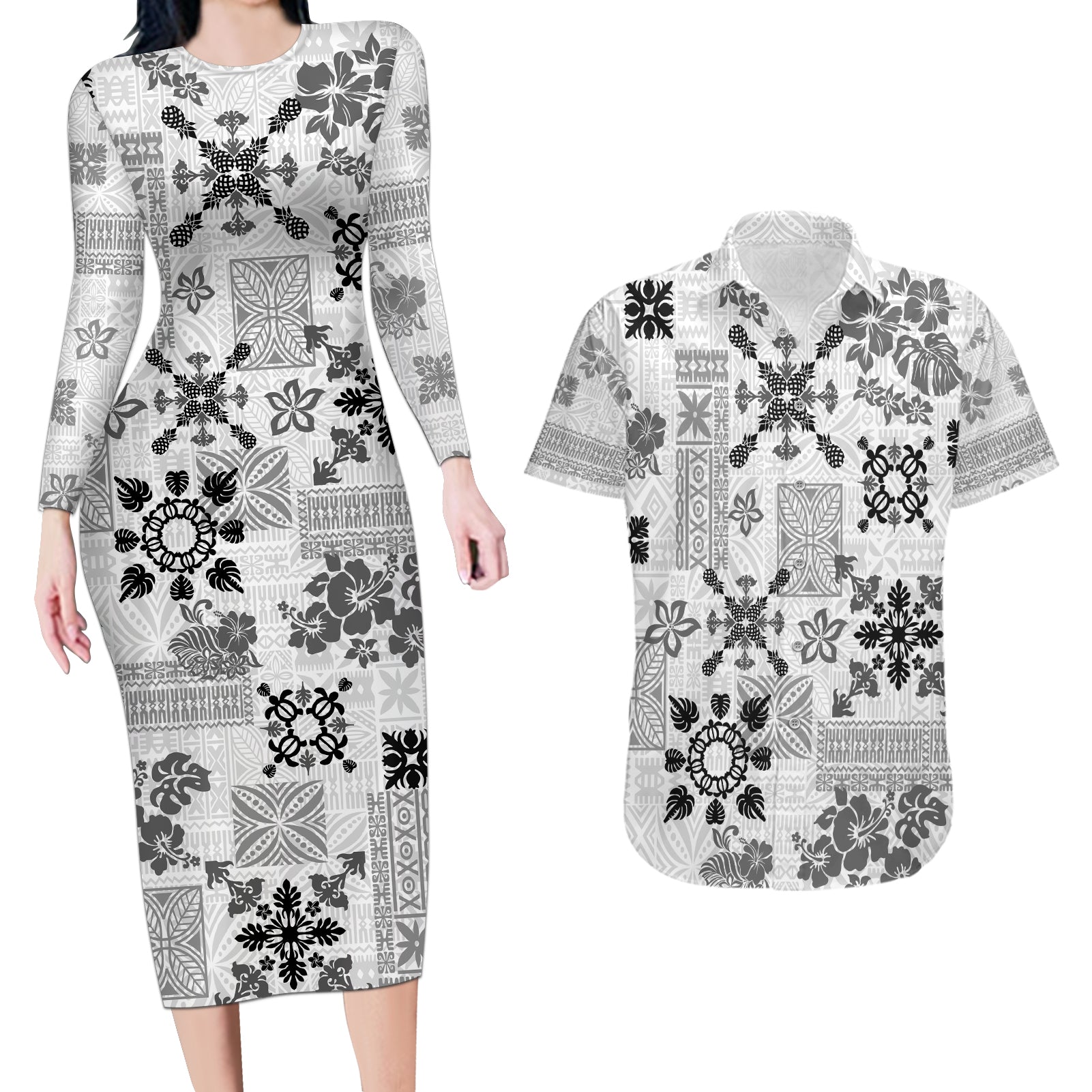 Hawaii Tapa Tribal Couples Matching Long Sleeve Bodycon Dress and Hawaiian Shirt With Hawaiian Quilt Pattern Black LT9 - Wonder Print Shop
