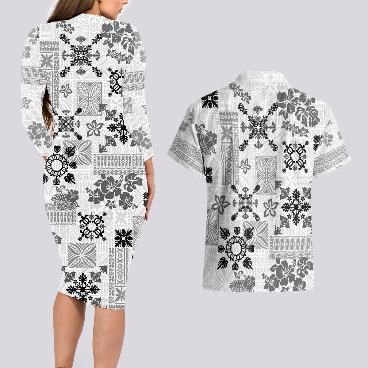 Hawaii Tapa Tribal Couples Matching Long Sleeve Bodycon Dress and Hawaiian Shirt With Hawaiian Quilt Pattern Black LT9 - Wonder Print Shop