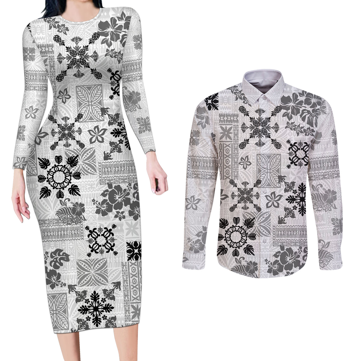 Hawaii Tapa Tribal Couples Matching Long Sleeve Bodycon Dress and Long Sleeve Button Shirt With Hawaiian Quilt Pattern Black LT9 - Wonder Print Shop