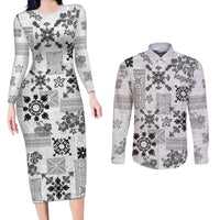 Hawaii Tapa Tribal Couples Matching Long Sleeve Bodycon Dress and Long Sleeve Button Shirt With Hawaiian Quilt Pattern Black LT9 - Wonder Print Shop