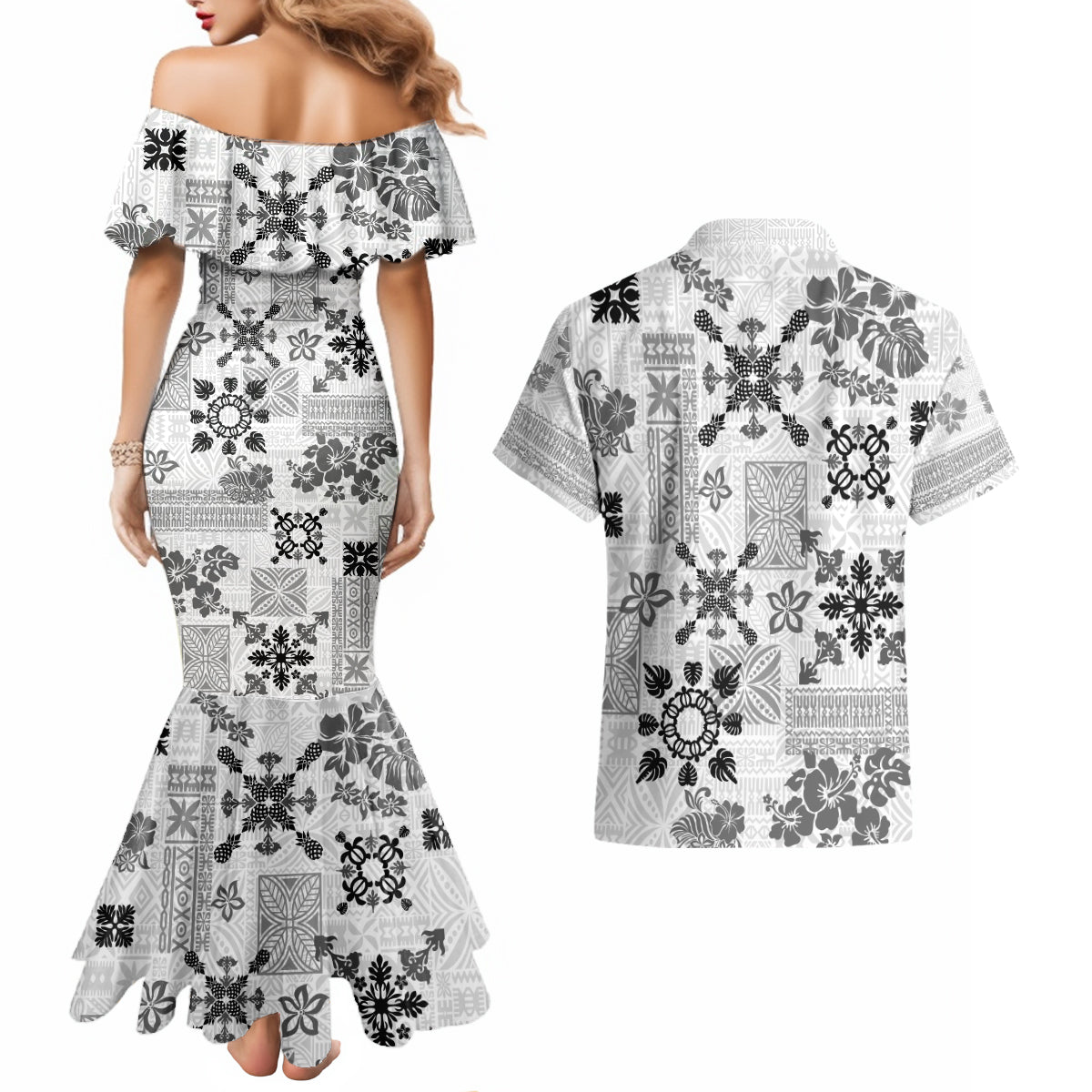Hawaii Tapa Tribal Couples Matching Mermaid Dress and Hawaiian Shirt With Hawaiian Quilt Pattern Black LT9 - Wonder Print Shop