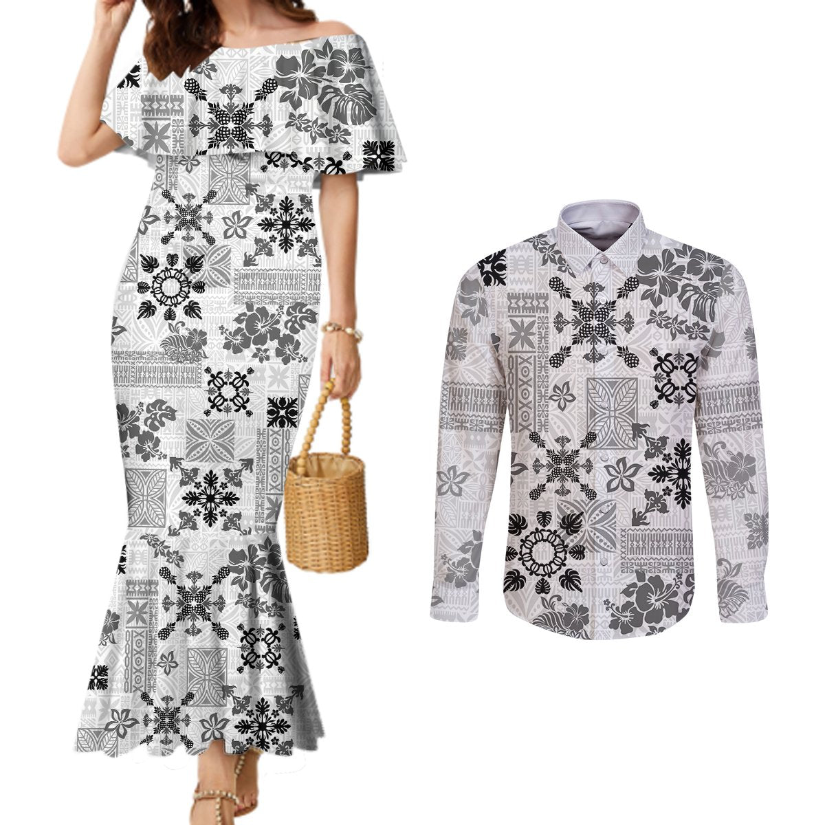 hawaii-tapa-tribal-couples-matching-mermaid-dress-and-long-sleeve-button-shirt-with-hawaiian-quilt-pattern-black