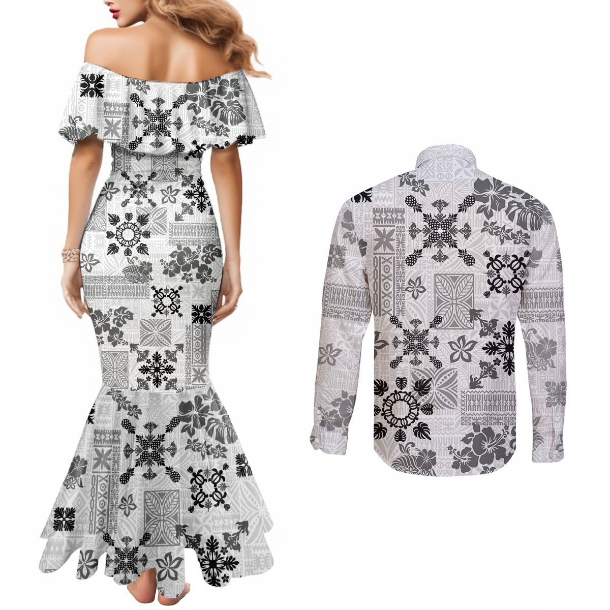 hawaii-tapa-tribal-couples-matching-mermaid-dress-and-long-sleeve-button-shirt-with-hawaiian-quilt-pattern-black