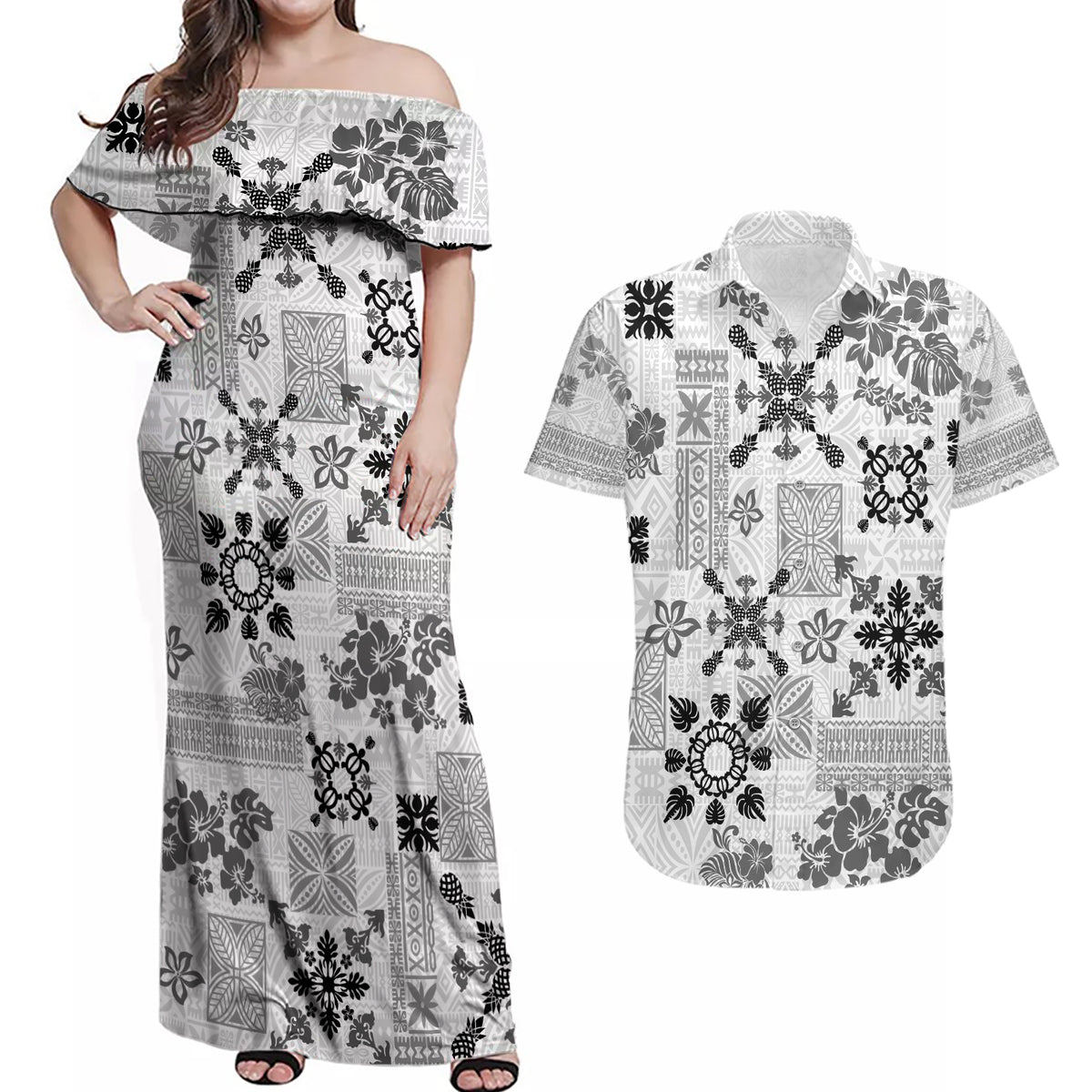 Hawaii Tapa Tribal Couples Matching Off Shoulder Maxi Dress and Hawaiian Shirt With Hawaiian Quilt Pattern Black LT9 - Wonder Print Shop