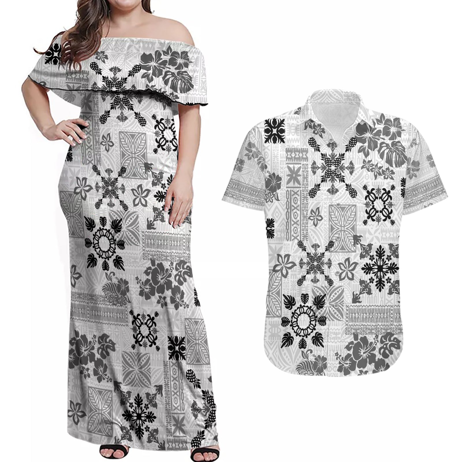 Hawaii Tapa Tribal Couples Matching Off Shoulder Maxi Dress and Hawaiian Shirt With Hawaiian Quilt Pattern Black LT9 - Wonder Print Shop