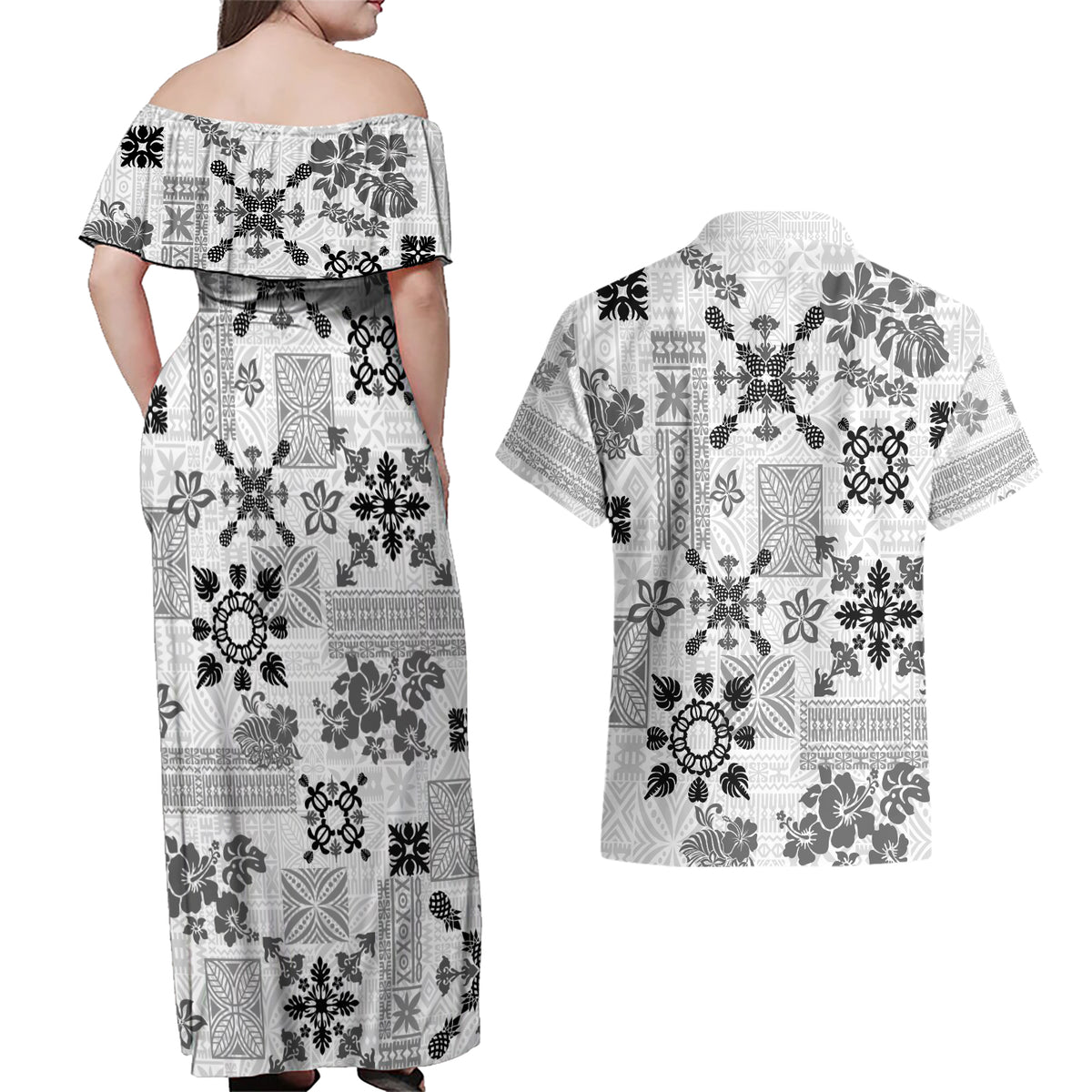 Hawaii Tapa Tribal Couples Matching Off Shoulder Maxi Dress and Hawaiian Shirt With Hawaiian Quilt Pattern Black LT9 - Wonder Print Shop