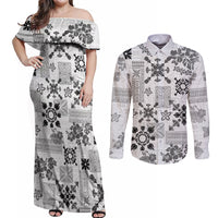 Hawaii Tapa Tribal Couples Matching Off Shoulder Maxi Dress and Long Sleeve Button Shirt With Hawaiian Quilt Pattern Black LT9 - Wonder Print Shop