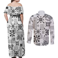 Hawaii Tapa Tribal Couples Matching Off Shoulder Maxi Dress and Long Sleeve Button Shirt With Hawaiian Quilt Pattern Black LT9 - Wonder Print Shop