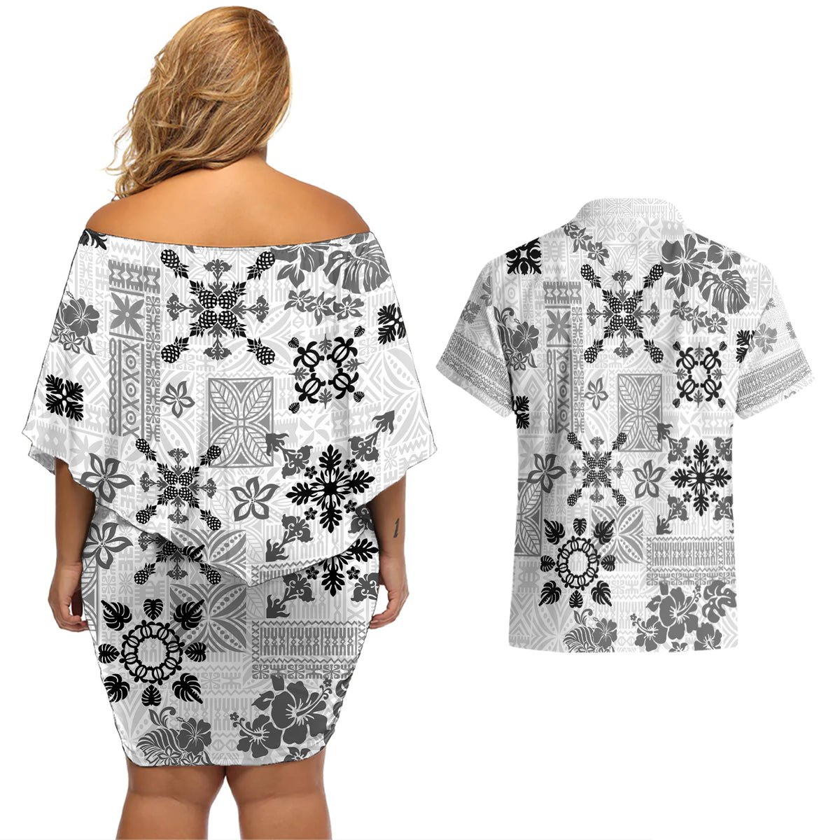 Hawaii Tapa Tribal Couples Matching Off Shoulder Short Dress and Hawaiian Shirt With Hawaiian Quilt Pattern Black LT9 - Wonder Print Shop
