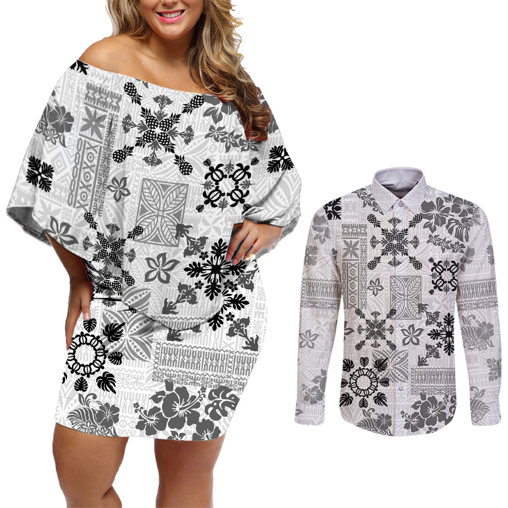 Hawaii Tapa Tribal Couples Matching Off Shoulder Short Dress and Long Sleeve Button Shirt With Hawaiian Quilt Pattern Black LT9 - Wonder Print Shop