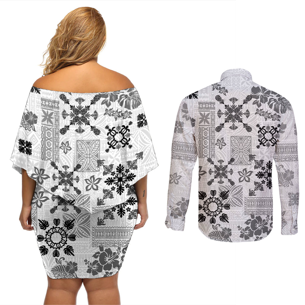 Hawaii Tapa Tribal Couples Matching Off Shoulder Short Dress and Long Sleeve Button Shirt With Hawaiian Quilt Pattern Black LT9 - Wonder Print Shop