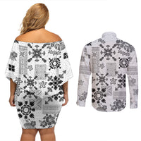 Hawaii Tapa Tribal Couples Matching Off Shoulder Short Dress and Long Sleeve Button Shirt With Hawaiian Quilt Pattern Black LT9 - Wonder Print Shop