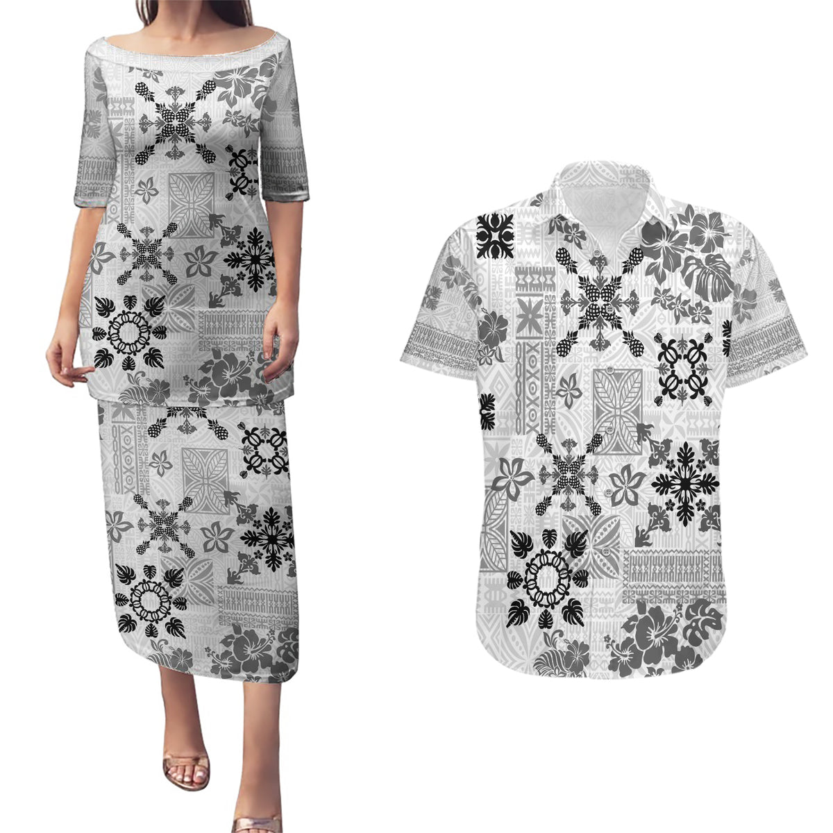 Hawaii Tapa Tribal Couples Matching Puletasi Dress and Hawaiian Shirt With Hawaiian Quilt Pattern Black LT9 - Wonder Print Shop