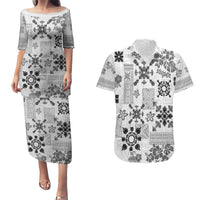 Hawaii Tapa Tribal Couples Matching Puletasi Dress and Hawaiian Shirt With Hawaiian Quilt Pattern Black LT9 - Wonder Print Shop