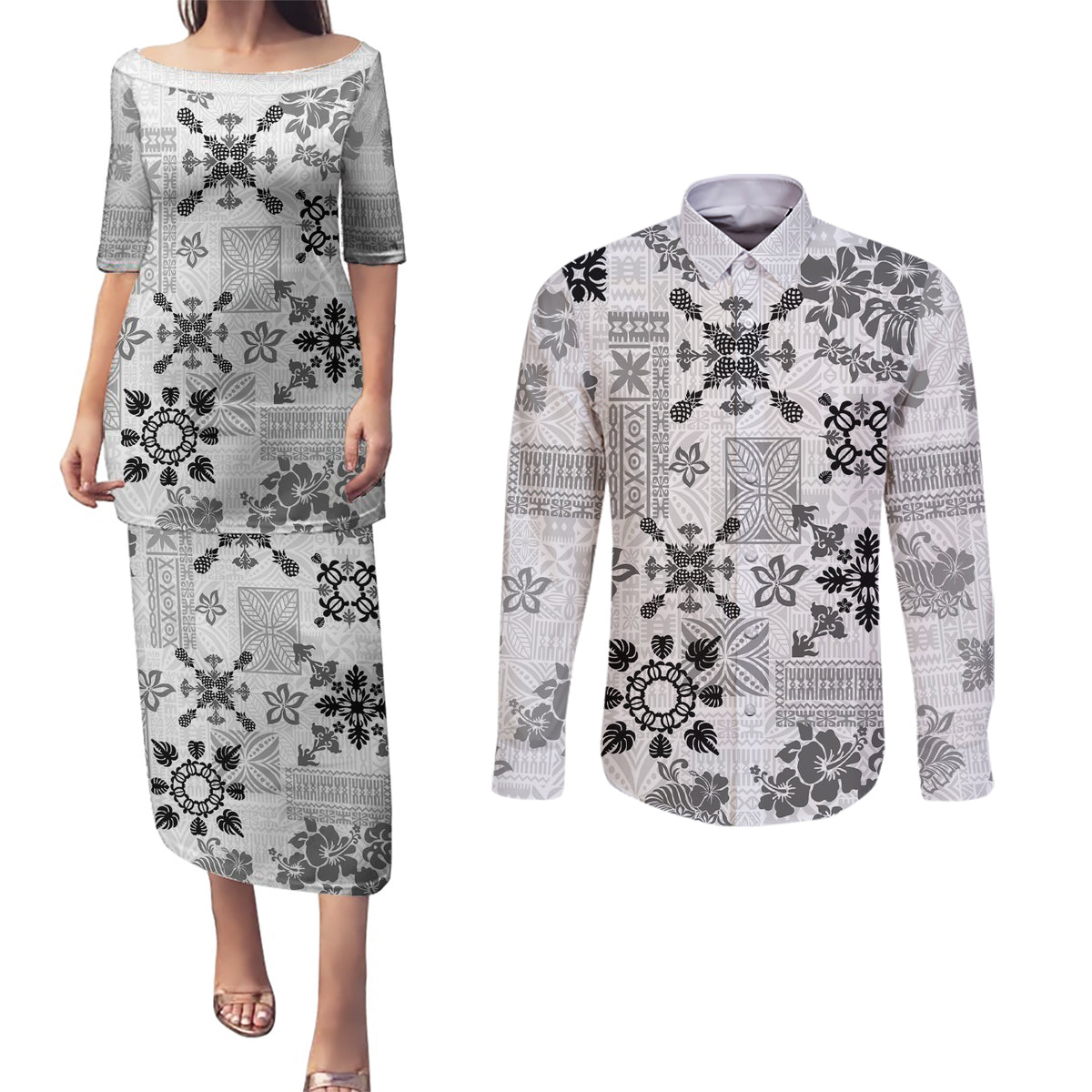 Hawaii Tapa Tribal Couples Matching Puletasi Dress and Long Sleeve Button Shirt With Hawaiian Quilt Pattern Black LT9 - Wonder Print Shop