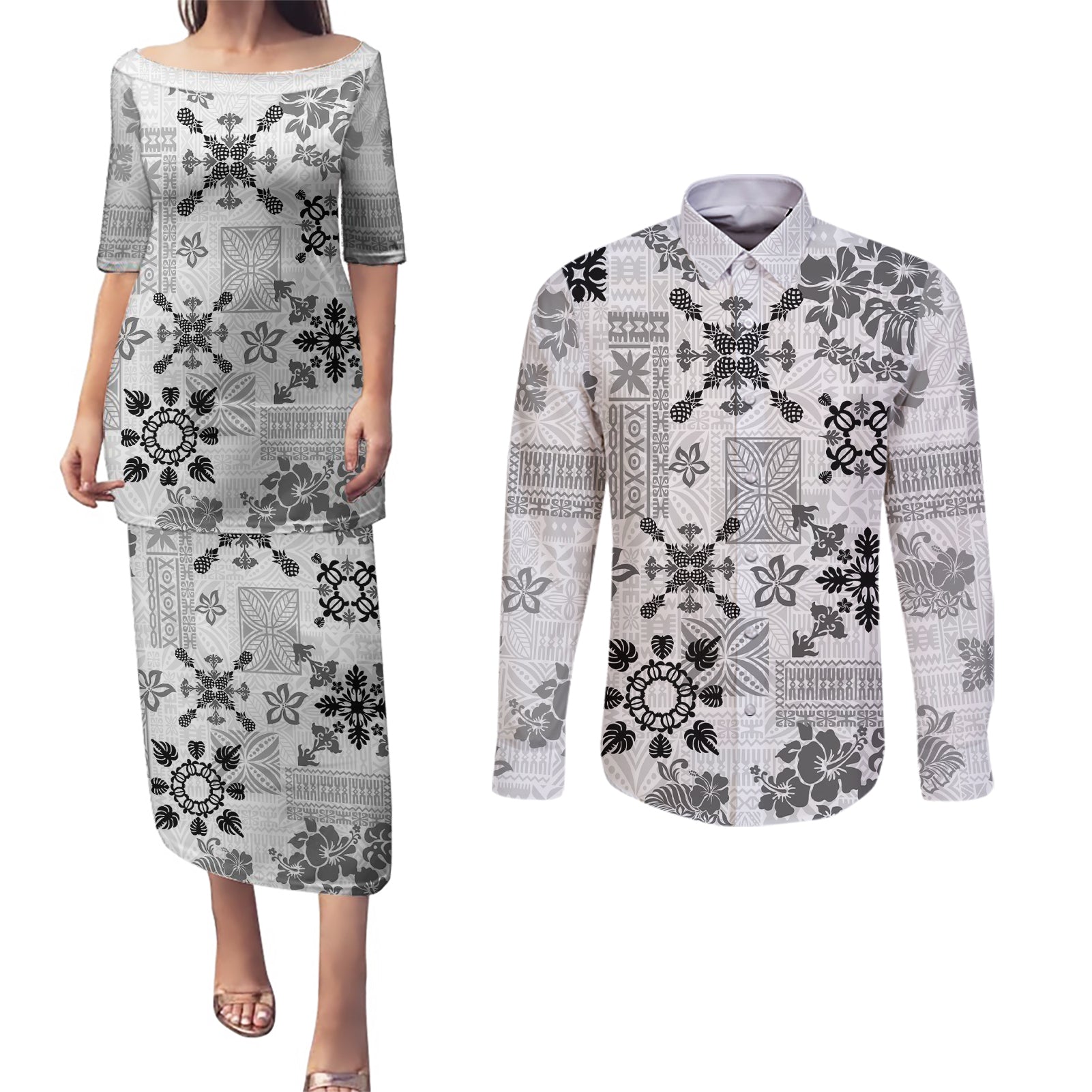 Hawaii Tapa Tribal Couples Matching Puletasi Dress and Long Sleeve Button Shirt With Hawaiian Quilt Pattern Black LT9 - Wonder Print Shop