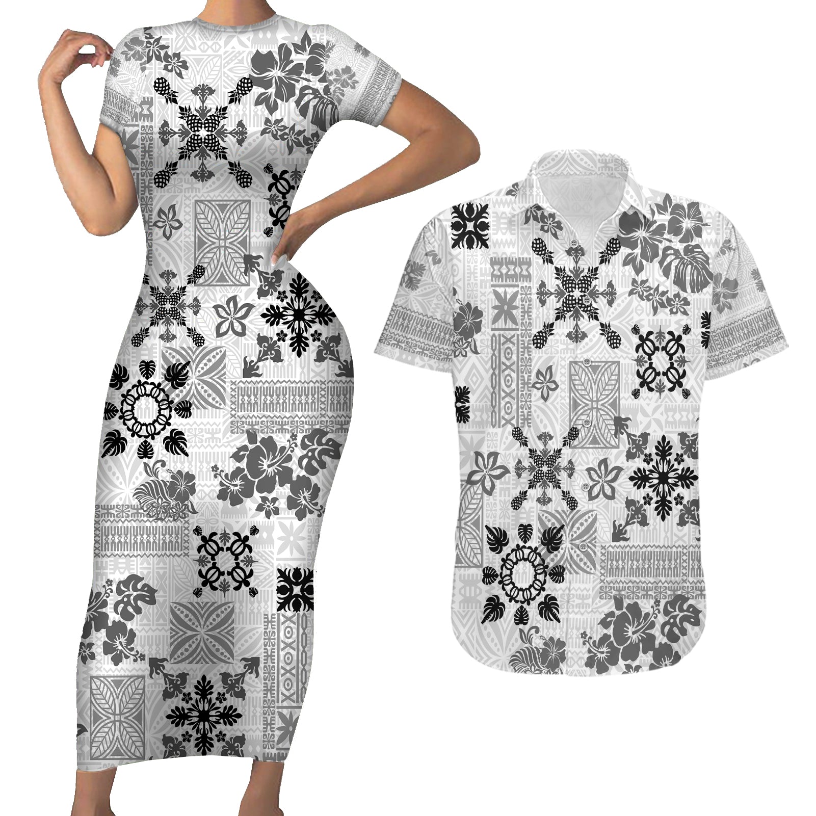 Hawaii Tapa Tribal Couples Matching Short Sleeve Bodycon Dress and Hawaiian Shirt With Hawaiian Quilt Pattern Black LT9 - Wonder Print Shop
