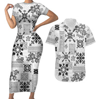 Hawaii Tapa Tribal Couples Matching Short Sleeve Bodycon Dress and Hawaiian Shirt With Hawaiian Quilt Pattern Black LT9 - Wonder Print Shop