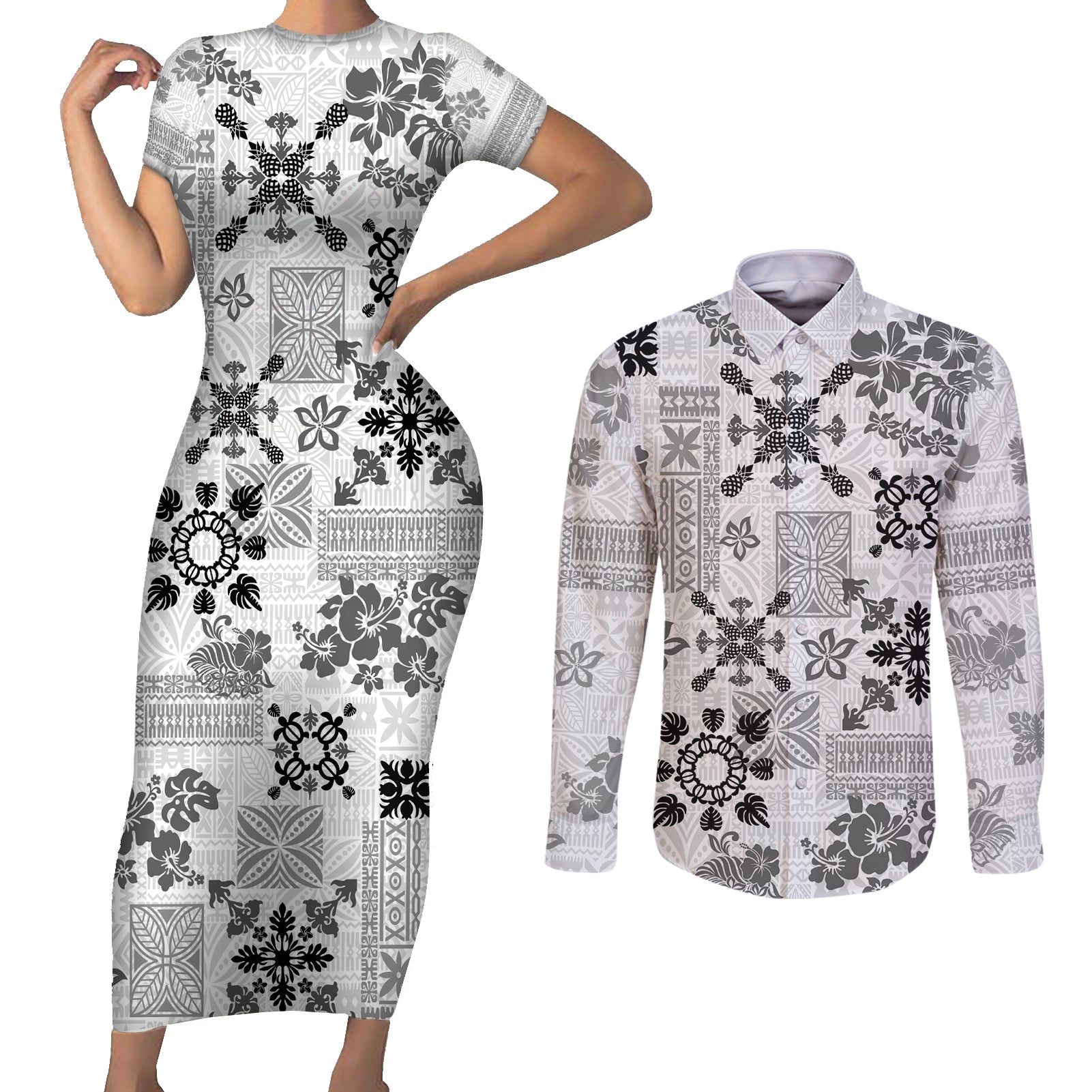 Hawaii Tapa Tribal Couples Matching Short Sleeve Bodycon Dress and Long Sleeve Button Shirt With Hawaiian Quilt Pattern Black LT9 - Wonder Print Shop