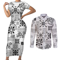 Hawaii Tapa Tribal Couples Matching Short Sleeve Bodycon Dress and Long Sleeve Button Shirt With Hawaiian Quilt Pattern Black LT9 - Wonder Print Shop