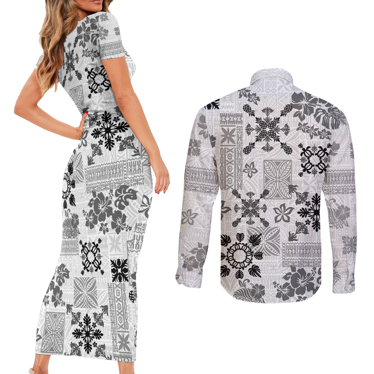 Hawaii Tapa Tribal Couples Matching Short Sleeve Bodycon Dress and Long Sleeve Button Shirt With Hawaiian Quilt Pattern Black LT9 - Wonder Print Shop