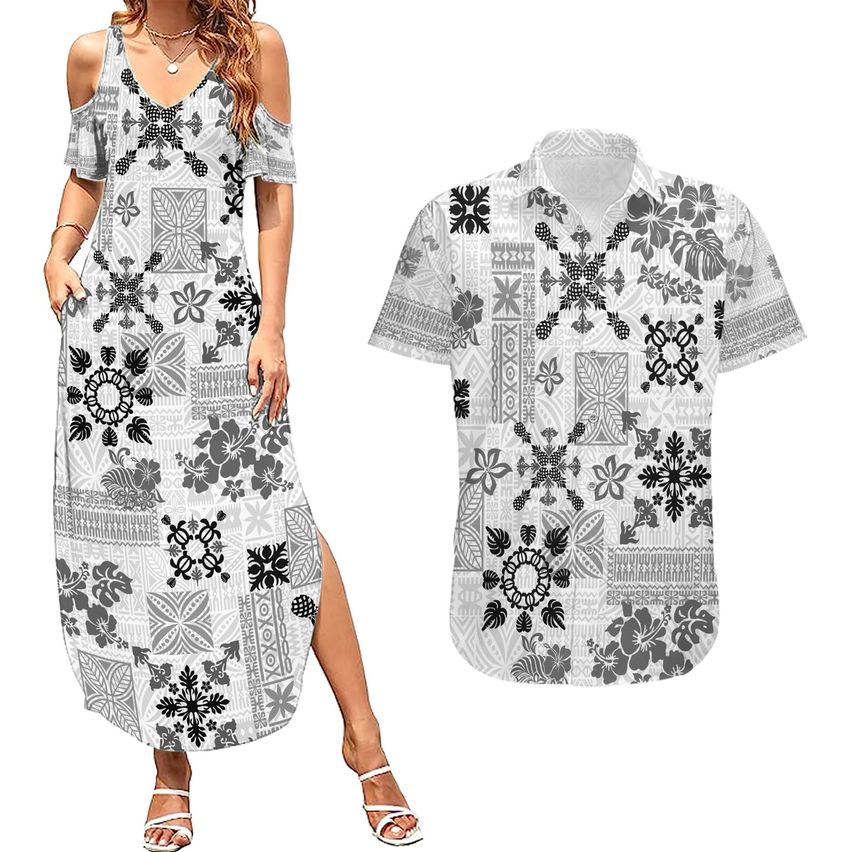 Hawaii Tapa Tribal Couples Matching Summer Maxi Dress and Hawaiian Shirt With Hawaiian Quilt Pattern Black LT9 - Wonder Print Shop