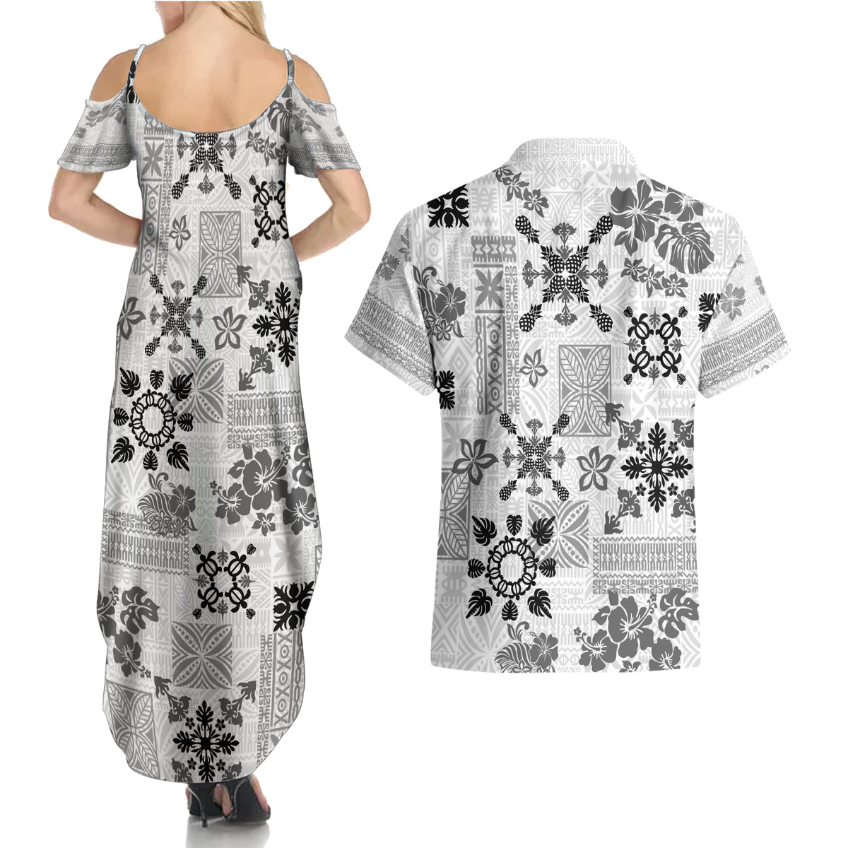 Hawaii Tapa Tribal Couples Matching Summer Maxi Dress and Hawaiian Shirt With Hawaiian Quilt Pattern Black LT9 - Wonder Print Shop