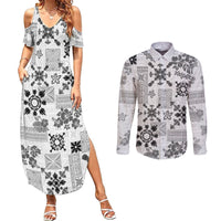 Hawaii Tapa Tribal Couples Matching Summer Maxi Dress and Long Sleeve Button Shirt With Hawaiian Quilt Pattern Black LT9 - Wonder Print Shop