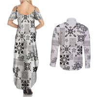 Hawaii Tapa Tribal Couples Matching Summer Maxi Dress and Long Sleeve Button Shirt With Hawaiian Quilt Pattern Black LT9 - Wonder Print Shop