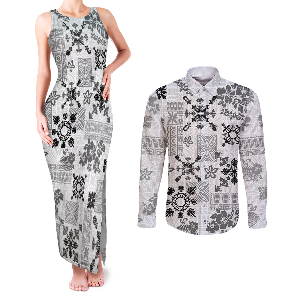 Hawaii Tapa Tribal Couples Matching Tank Maxi Dress and Long Sleeve Button Shirt With Hawaiian Quilt Pattern Black LT9 - Wonder Print Shop