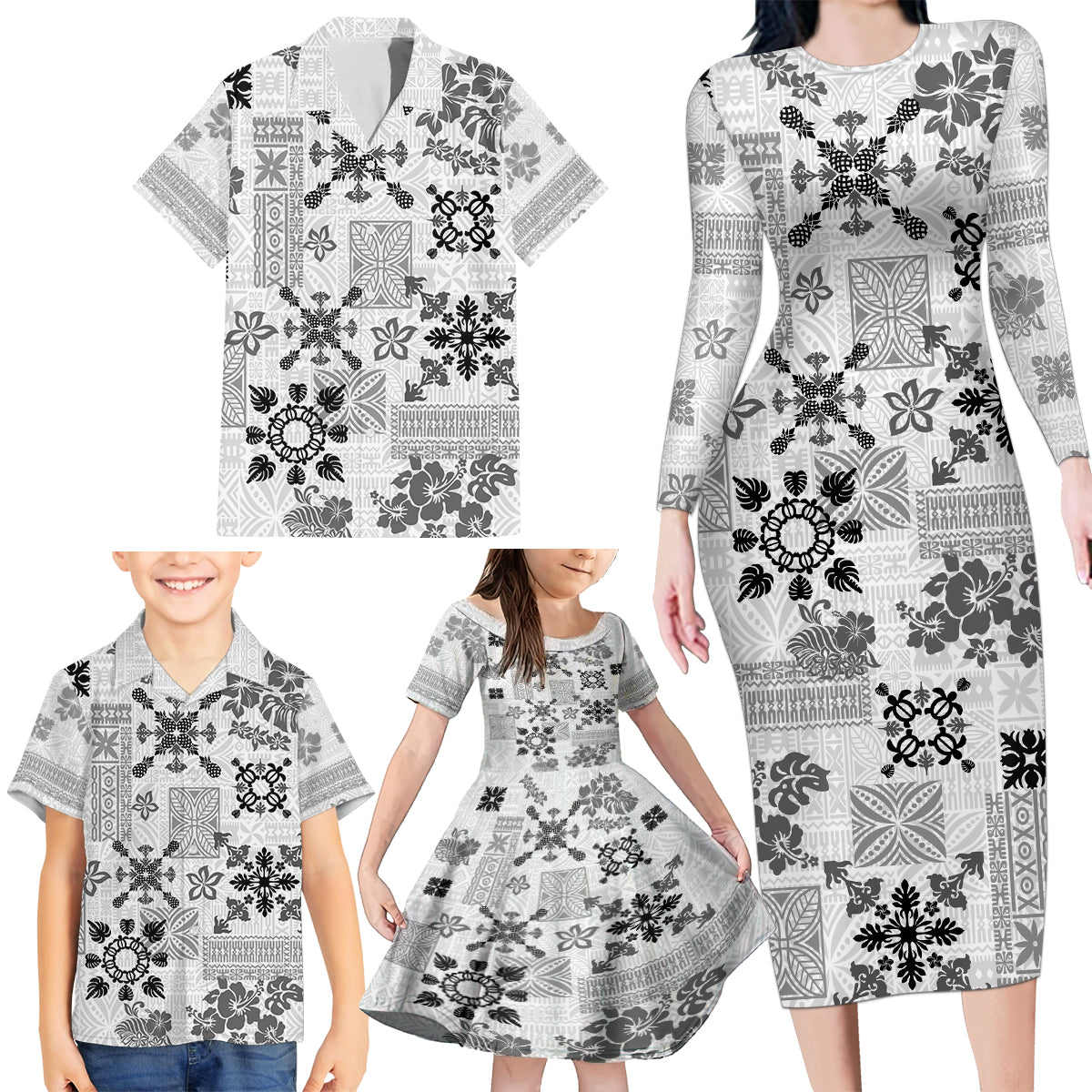Hawaii Tapa Tribal Family Matching Long Sleeve Bodycon Dress and Hawaiian Shirt With Hawaiian Quilt Pattern Black LT9 - Wonder Print Shop