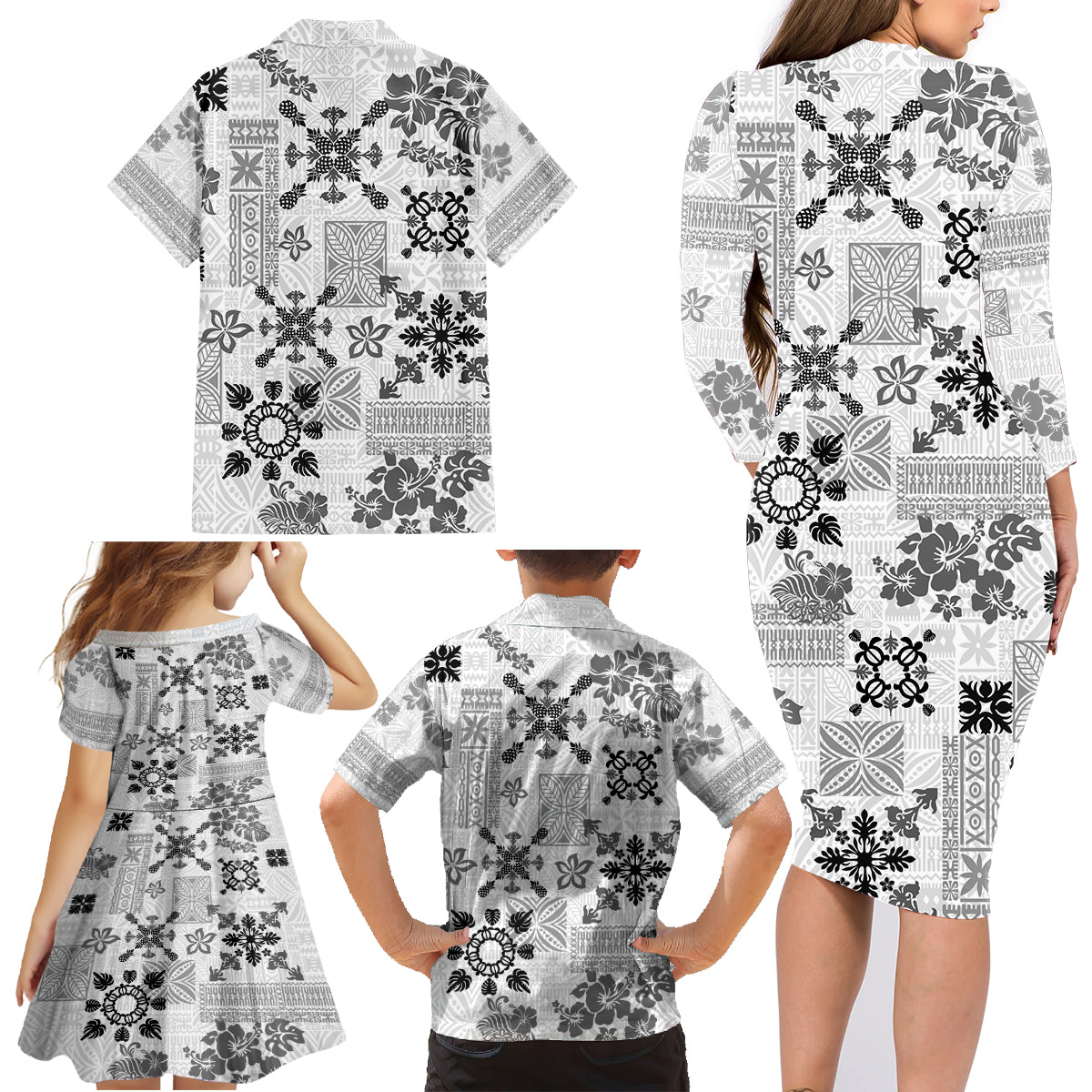 Hawaii Tapa Tribal Family Matching Long Sleeve Bodycon Dress and Hawaiian Shirt With Hawaiian Quilt Pattern Black LT9 - Wonder Print Shop