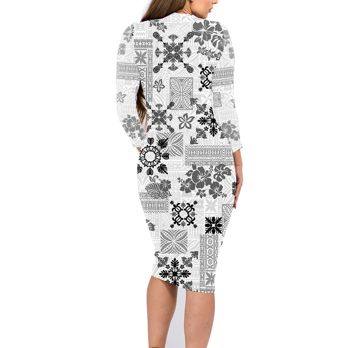 Hawaii Tapa Tribal Family Matching Long Sleeve Bodycon Dress and Hawaiian Shirt With Hawaiian Quilt Pattern Black LT9 - Wonder Print Shop